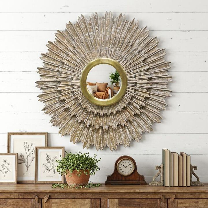 HomeRoots 44" Antiqued Gold Sunburst Wood and Metal Framed Accent Mirror