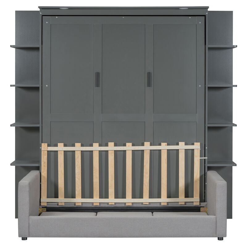 Whisen Modern Design Wood Frame Queen Size Murphy Bed Wall Bed with Sofa and Shelves - Grey