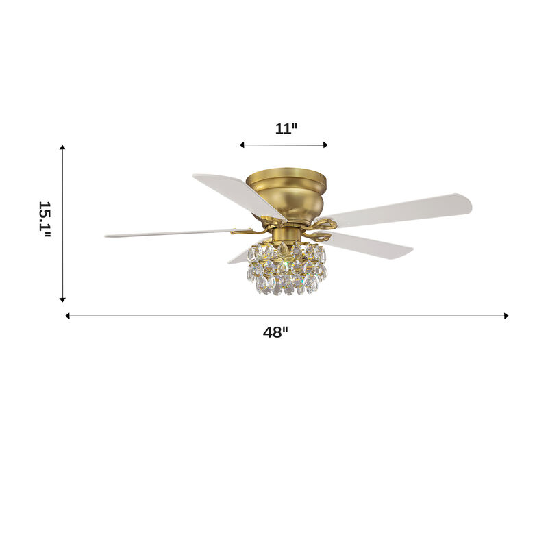 48 in. Soft Brass Crystal Flush Mount Hugger Ceiling Fan with Light and Remote