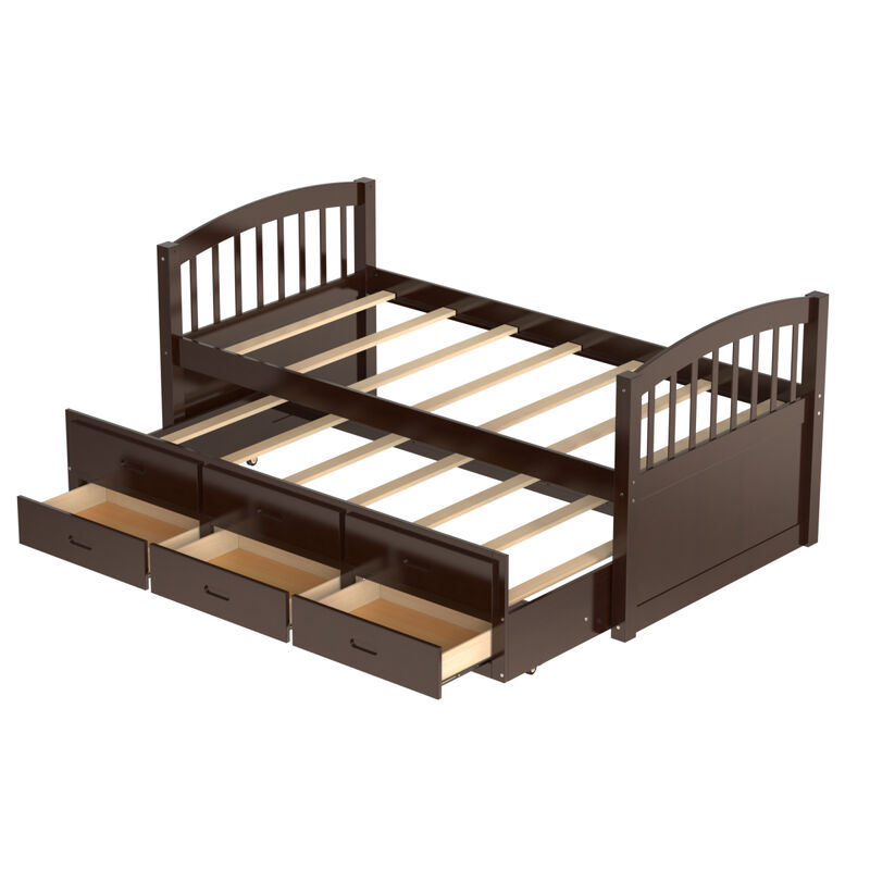 Twin over Twin Wood Bunk Bed with Trundle and Drawers, White