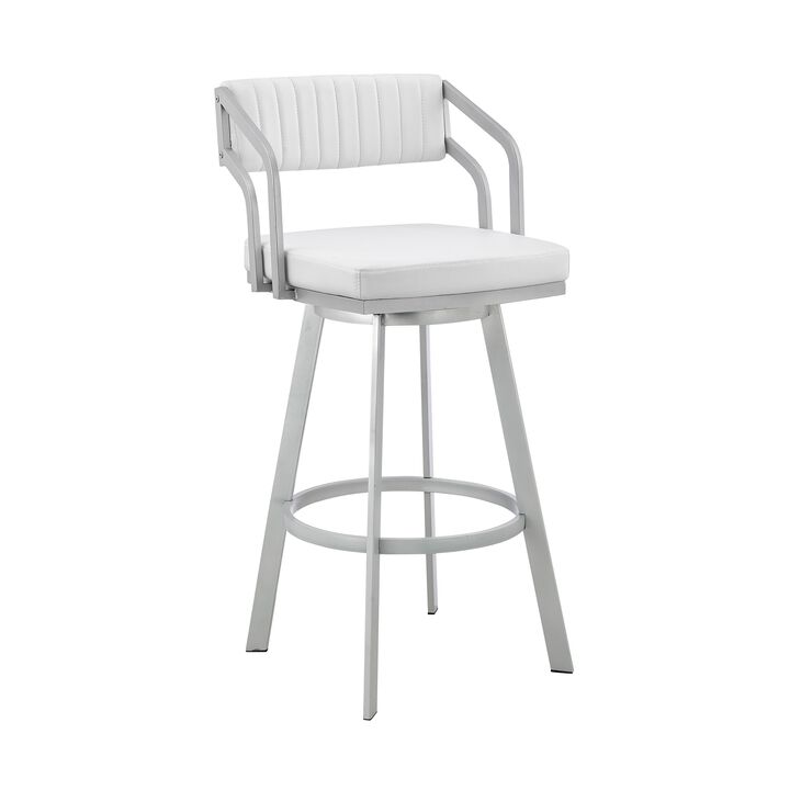 Lyla 26 Inch Counter Height Stool, Swivel, Faux Leather, White, Silver - Benzara