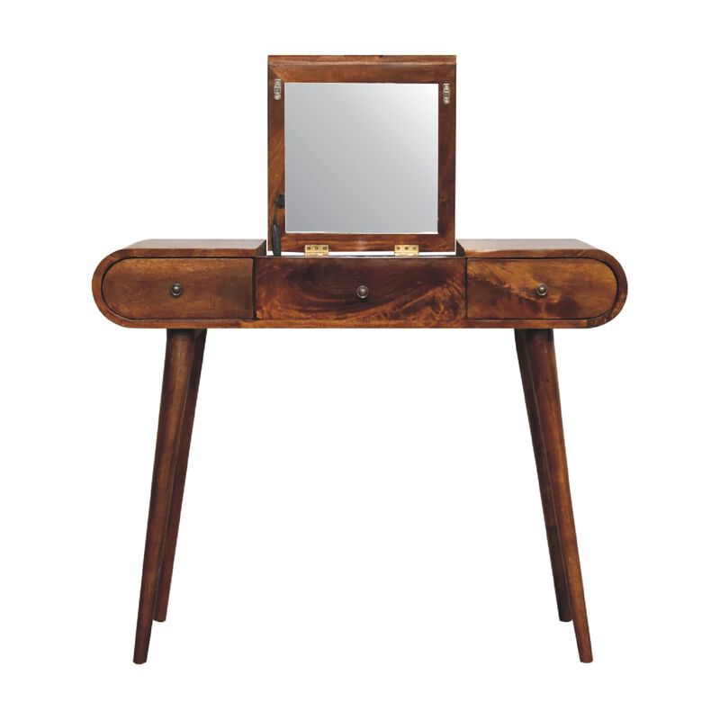 Solid Wood 2 Drawer Chestnut Dressing Table with Foldable Mirror