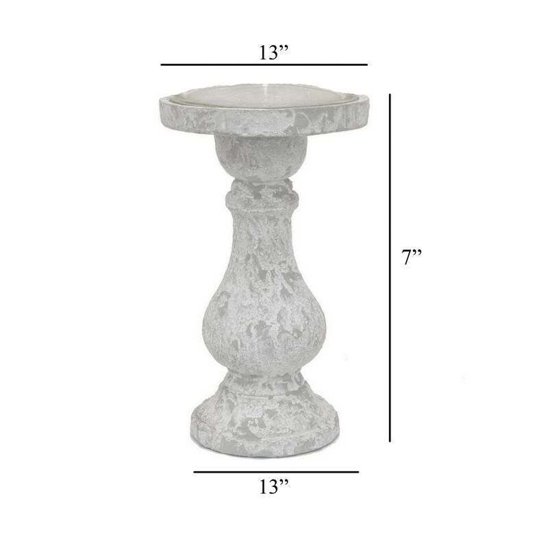 Kris Candle Holder with Hurricane Glass Top, White Gray Ceramic 7 Inch - Benzara