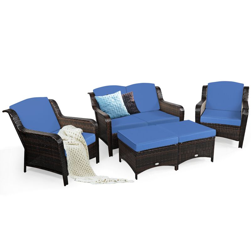 5-Piece Patio Rattan Sofa Set with Cushions and Ottoman, Comfortable Outdoor Seating