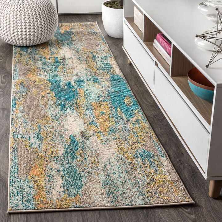 Contemporary POP Modern Abstract Vintage Waterfall Blue/Brown/Orange 2 ft. x 8 ft. Runner Rug