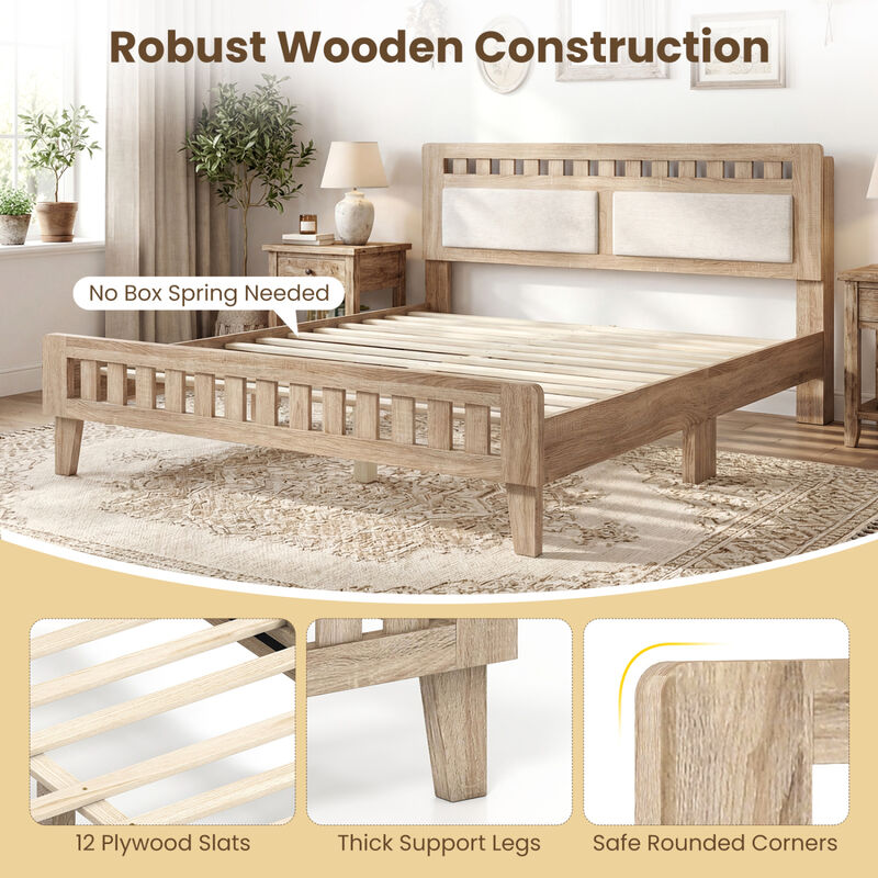 Modern Wood Bed Frame with Upholstered Headboard for Home Bedroom-Natural image number 6