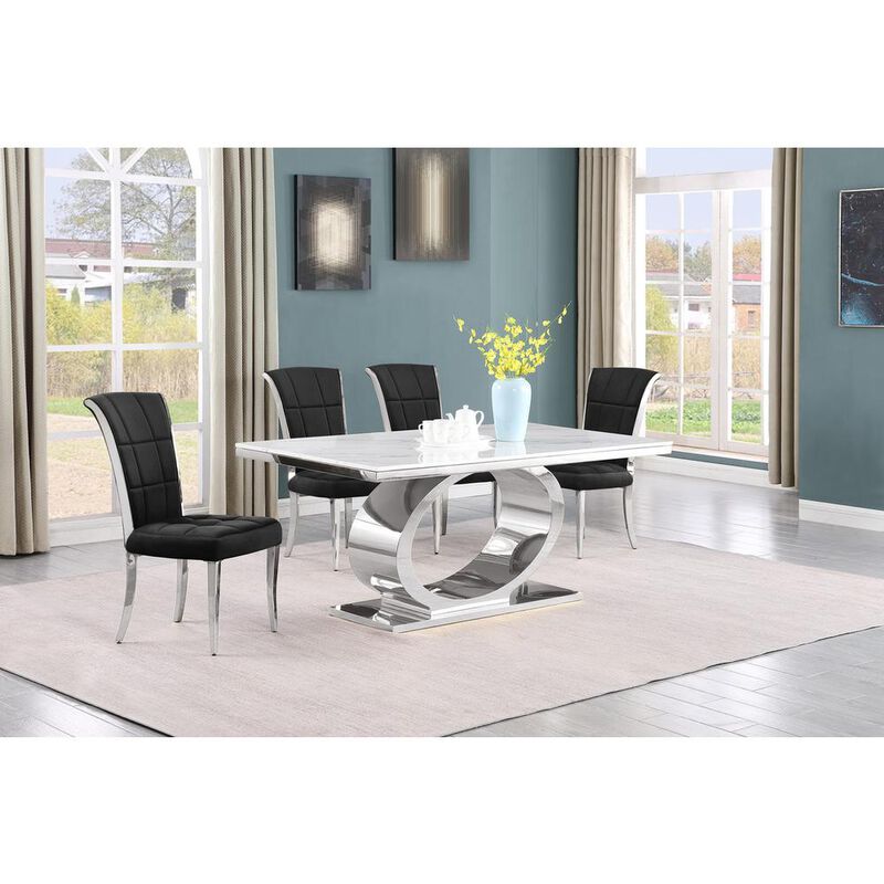 5pc Small(48") marble top dining set with silver base and 4 Black side chairs