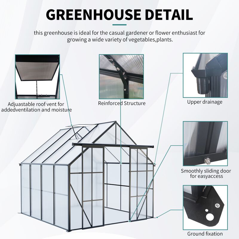 8x8 FT Double Door Polycarbonate Greenhouse Raised Bas&Anchor Aluminum Heavy Duty Walk-in Greenhouse image number 4