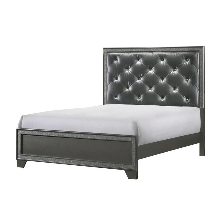 Benjara Kay Queen Bed, Faux Diamond Tufted, Gray Upholstery, Silver Trim, Wood