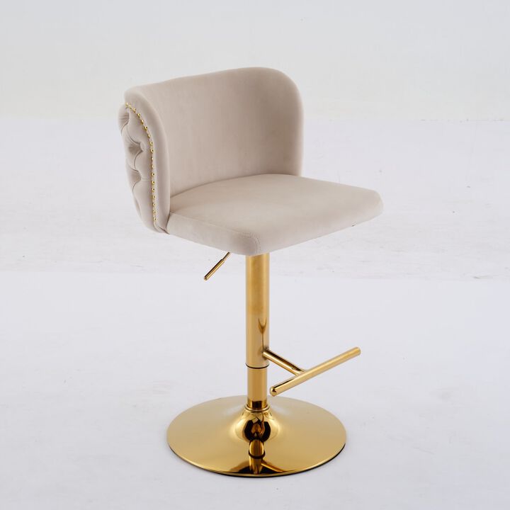 Clihome Swivel Barstools Adjusatble Seat Height With Gold-plating Base, Classic Velvet Upholstered Bar Stools with the whole Back Tufted, for Home