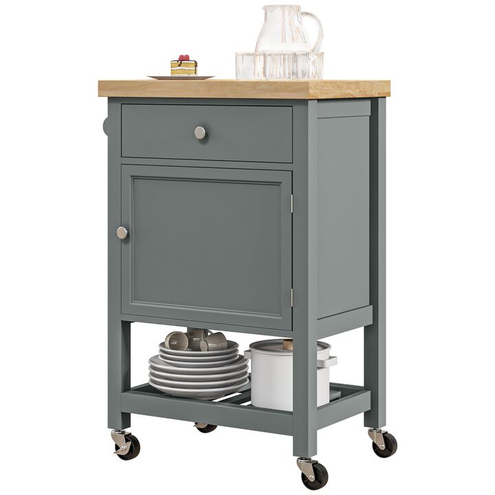 Kitchen Island on Wheels, Rolling Kitchen Cart with Rubberwood Top, Drawer, Wine Rack and Cabinet, Gray