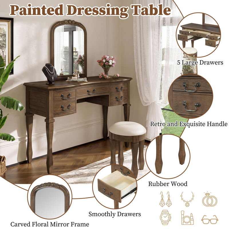 Merax 5-Drawer Vintage Vanity Table with Floral Carvings, Espresso Finish, Antique Metal Hardware image number 4
