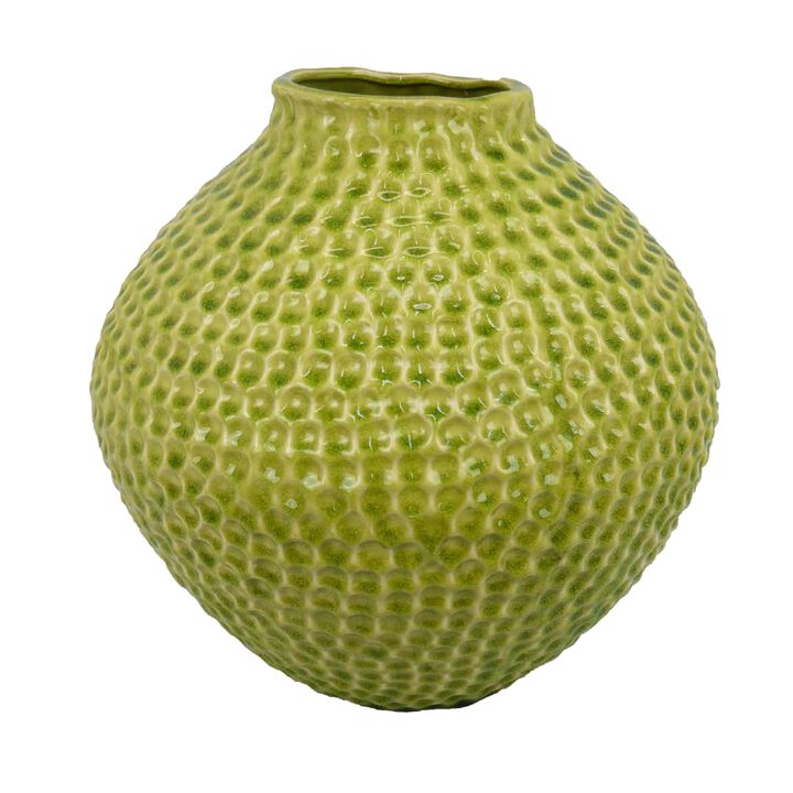 Evans Accent Vase, Embossed Textured Surface, Green Ceramic 14 Inch - Benzara