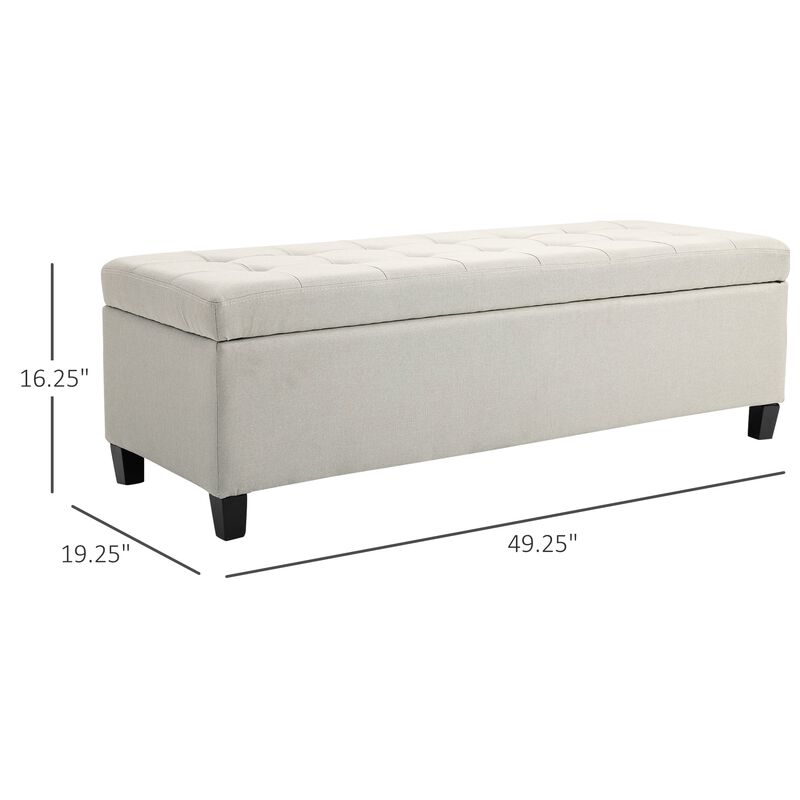50" Beige Storage Ottoman: Linen Fabric, Soft Close Lid