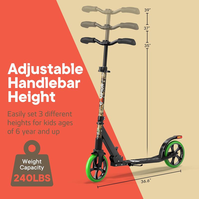 Kick Scooter for Ages 6+, for Kids, Teens, and Adults, Max Load 240 LBS, Foldable, 8-inch Big Wheels for Kids and Adults, with Kickstand, 3 Adjustable Levels, Child Safety Approved
