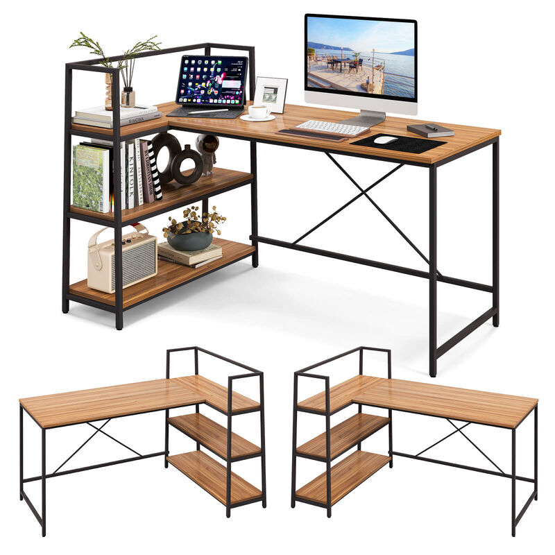 Reversible L-Shaped Corner Desk with 3-Tier Open Shelves for Home Office Computer Workstation