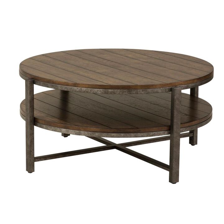 Liberty Furniture Breckinridge Round Cocktail Table in Mahogany Spice w/ Pewter Metal