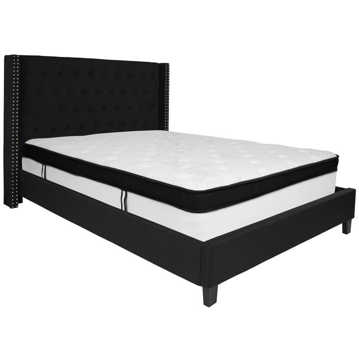 Riverdale Queen Size Tufted Upholstered Platform Bed in Black Fabric with Memory Foam Mattress