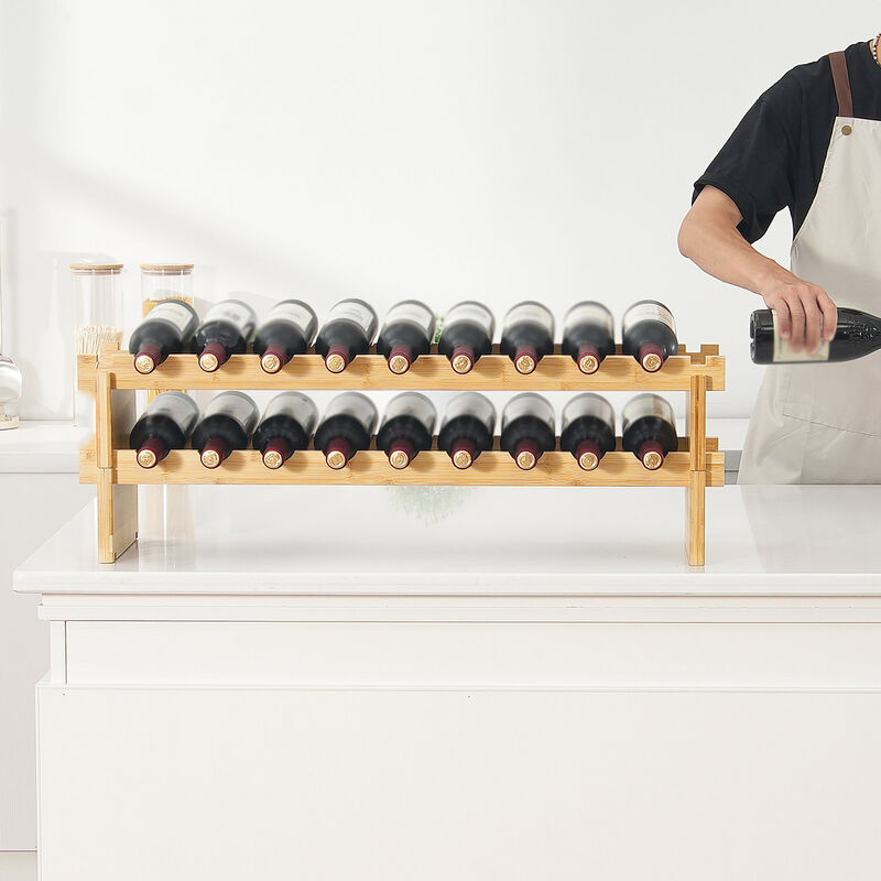 18 Bottle Stackable Modular Wine Rack Wicker Wood Display Shelf 2-Tier