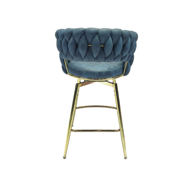 Bar Chair Suede Woven Bar Stool Set of 2, Golden legs Barstools No Adjustable Kitchen Island Chairs,360 Swivel Bar Stools Upholstered Bar Chair Counter Stool Arm Chairs with Back Footrest, (Blue)