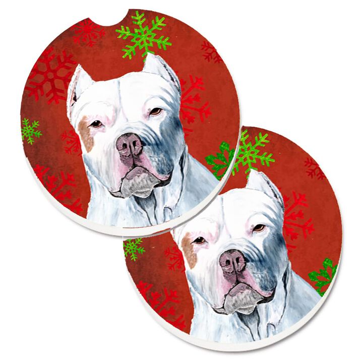 Caroline's Treasures Pit Bull Red & green Snowflakes Holiday Christmas Set of 2 Cup Holder Car Coasters SC9421CARC, 2.56, Multicolor