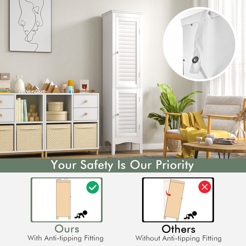 Costway Tall Bathroom Floor Cabinet Narrow Linen Tower with 2 Doors & Adjustable Shelf