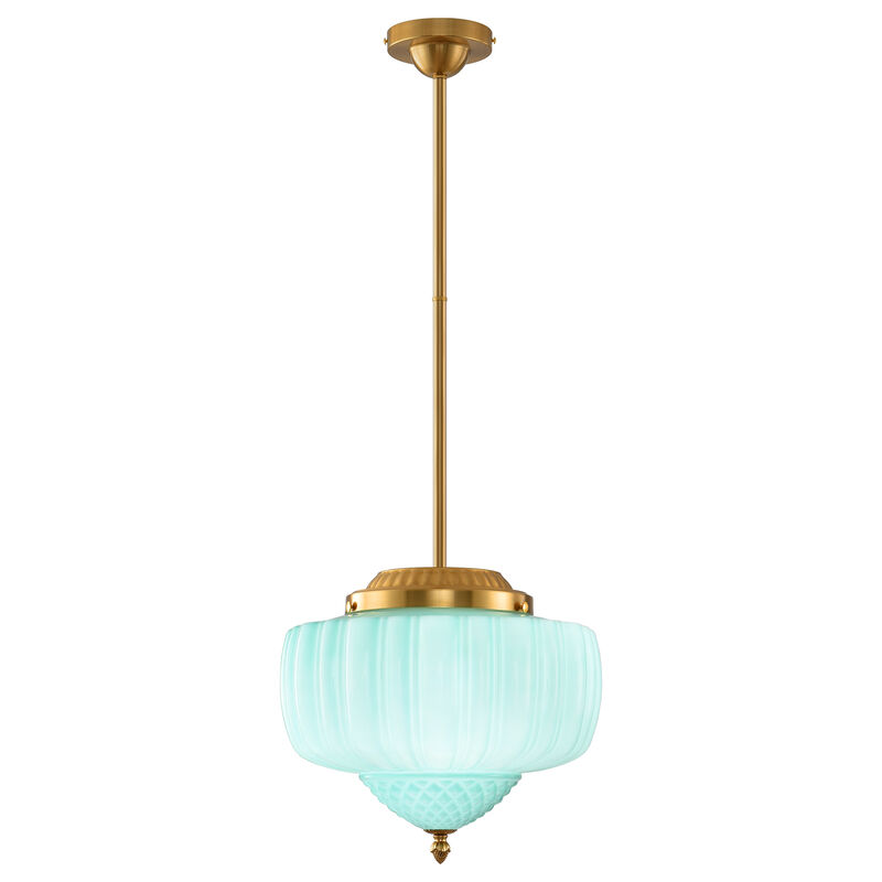 13" Schoolhouse Gold Pendant Light with Mint Green Milk Glass Shade and Adjustable Rod for Bedroom, Living Room or Dining Room image number 0