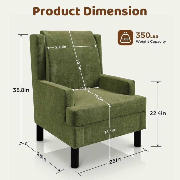 Upholstered Wingback Accent Chair, Modern Reading Armchair for Living Room, Bedroom, Green