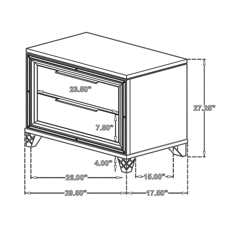 Mory Nightstand, 2 Drawers, Embossed Herringbone Pattern White, Chrome - Benzara