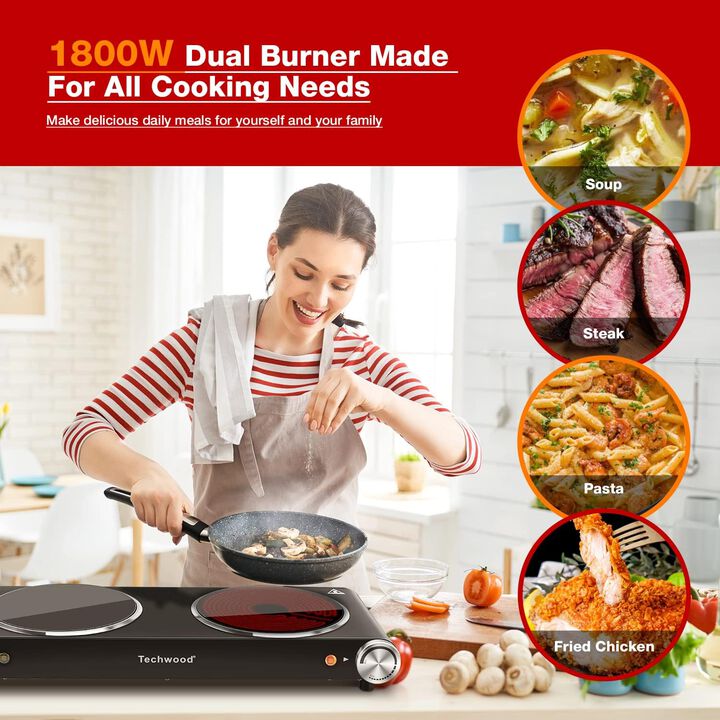 Techwood 1800W Electric Hot Plate Cooktop for Cooking, Infrared Ceramic Countertop Stove Top 2 Burners, Stainless Steel Portable Burner