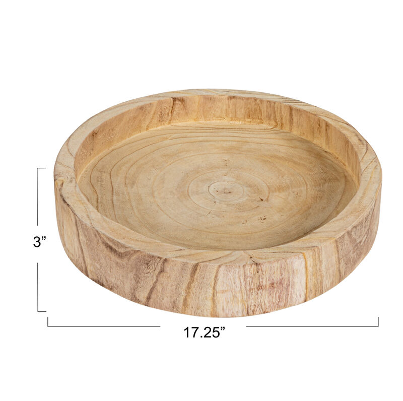 Decorative Hand‑Carved Paulownia Wood Tray Round Accent Display Stand, Natural Finish image number 2