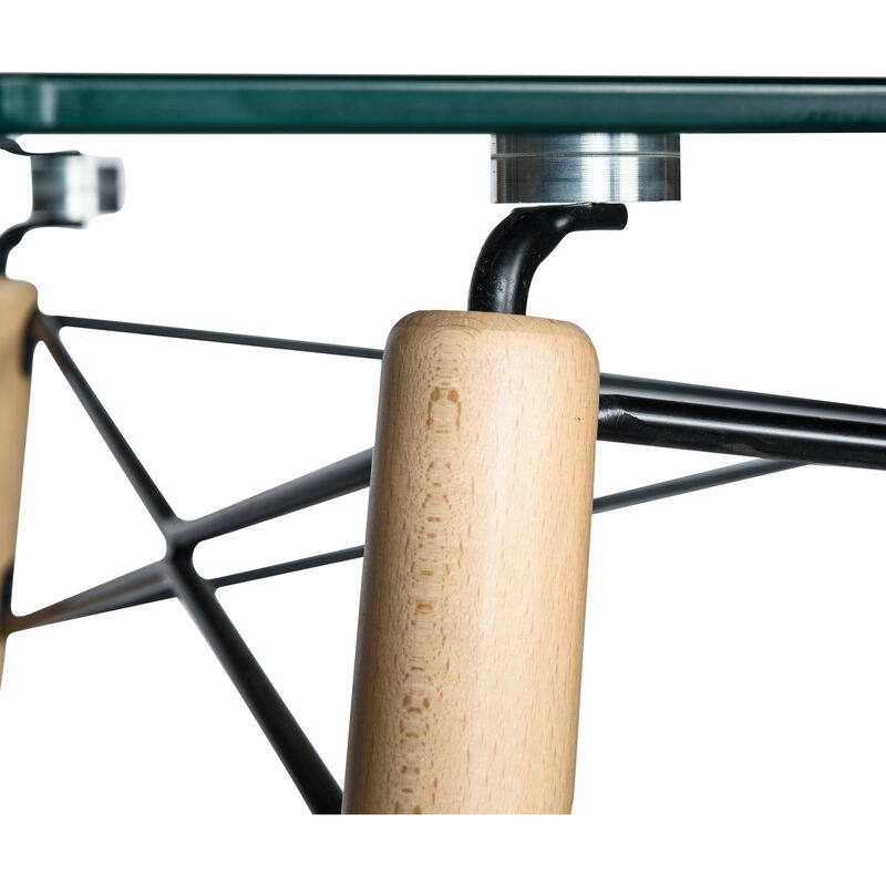 LeisureMod Dover Round Glass Top Dining Table W/ Natural Wood Eiffel Base