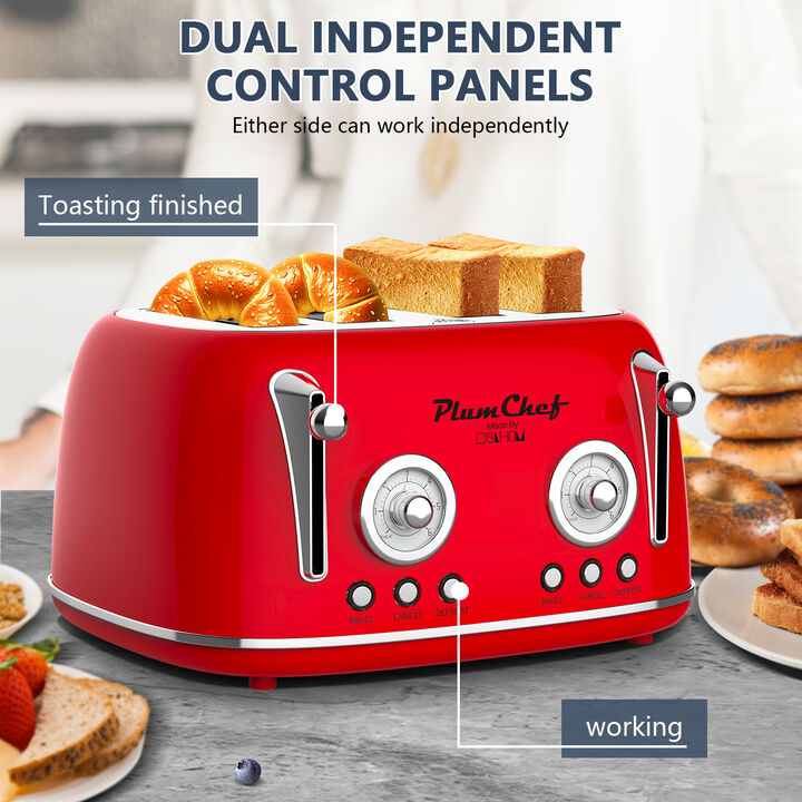 4 Slice Retro Style Toaster, 1650W Dual Control Toaster , 6 Browning Settings, Removable Crumb Tray