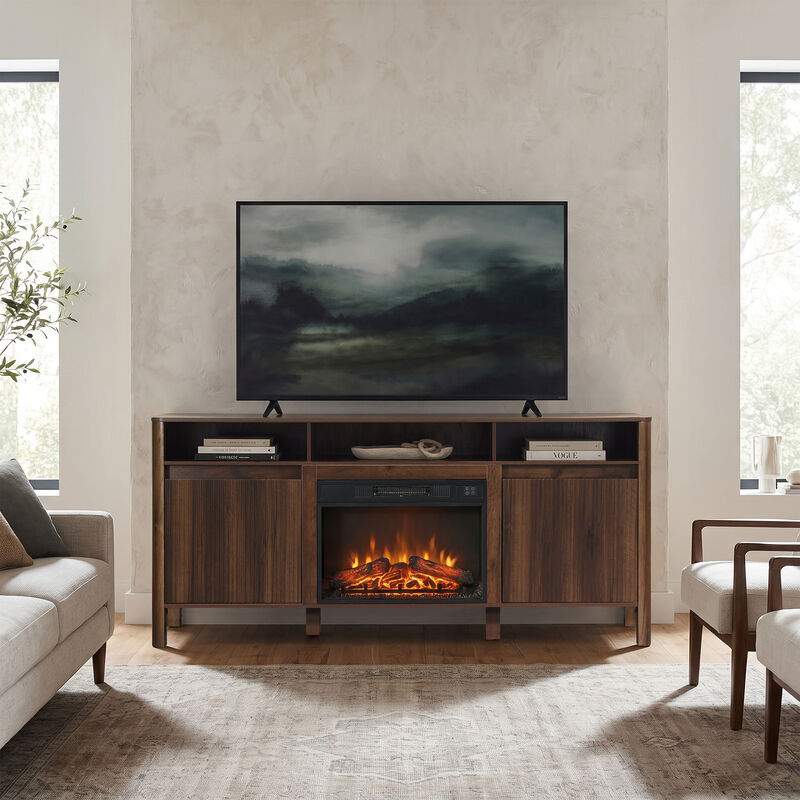 68" Modern Farmhouse Dark Walnut Fluted Door TV Stand Media Console with  23 Inch Insert Electric Fireplace for TVs up to 75" image number 2