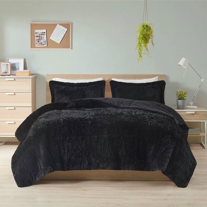 Hivvago King/CAL King Black Soft Sherpa Faux Fur 3 Piece Comforter Set with Pillow Shams