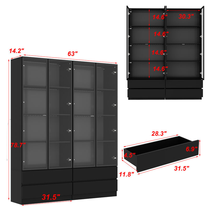 FUFU&GAGA 63" Modern Black Storage Cabinet with LED Lighting, 4 Glass Doors & 4 Drawers, P2 PB Board Media Console (63 in. W x 14.2 in. D x 78.7 in. H)