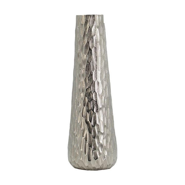 19 Inch Contemporary Tall Oblong Vase, Silver Aluminum, Hammered Texture - Benzara