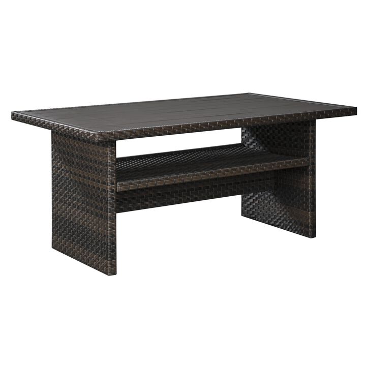 Rectangular Wicker Woven Aluminum Frame Table with Open Shelf, Dark Brown - Benzara
