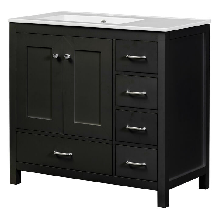Merax Bathroom Vanity with Ceramic Sink  Freestanding Recessed  5 Drawers & 2 Soft-Close Doors Storage Cabinet Combo