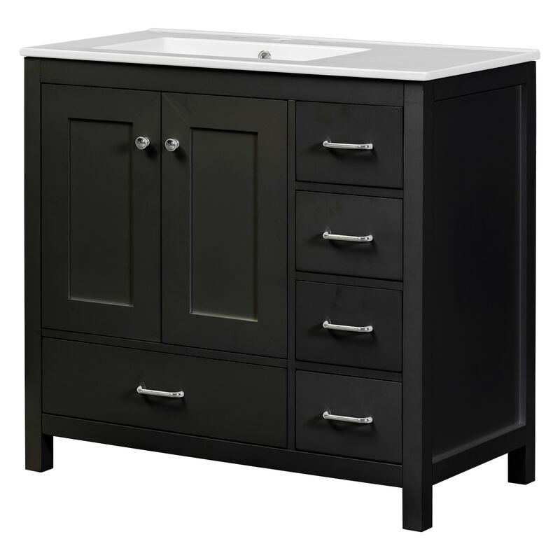 Merax Bathroom Vanity with Ceramic Sink  Freestanding Recessed  5 Drawers & 2 Soft-Close Doors Storage Cabinet Combo