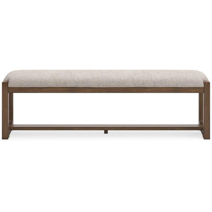 Cabal Large Dining Bench, Padded Beige Polyester, Brown Wood, 64 Inch - Benzara