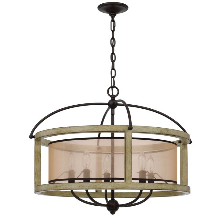 Acia 26 Inch Chandelier, Classic Round Organza Shade Wood, Metal  - Benzara