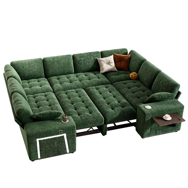 Vipbear 110" Modular Sectional Sleeper Sofa, 8-Seater Chenille U-Shaped Couch with Pull-Out Beds