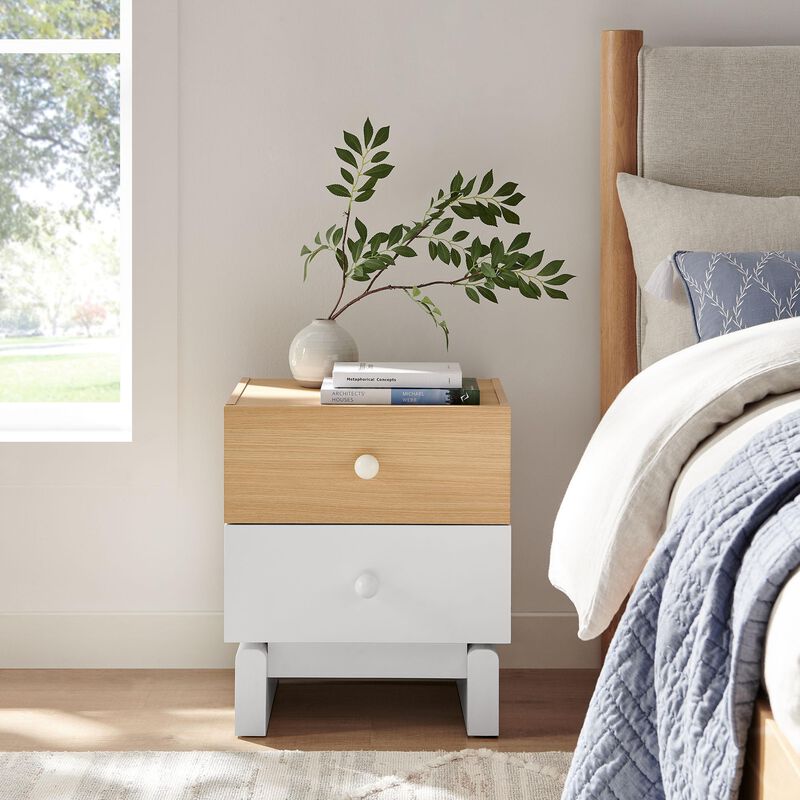 Modway Nolia Two-Tone 2-Drawer Nightstand in Oak White &ndash; Modern Color Block Bedside Table with Wood Grain Laminate and Storage Drawers image number 1