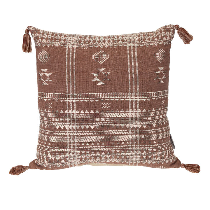 HomeRoots 18" Beige and Brown Cotton Throw Pillow with Tassels