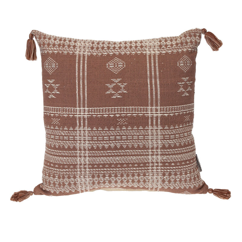 HomeRoots 18" Beige and Brown Cotton Throw Pillow with Tassels image number 0