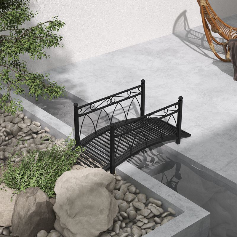 Outsunny 3.3' Metal Arch Zen Garden Bridge with Safety Siderails, Decorative Footbridge, Delicate Scrollwork & Corner Spheres for Stream, Fish Pond, Black