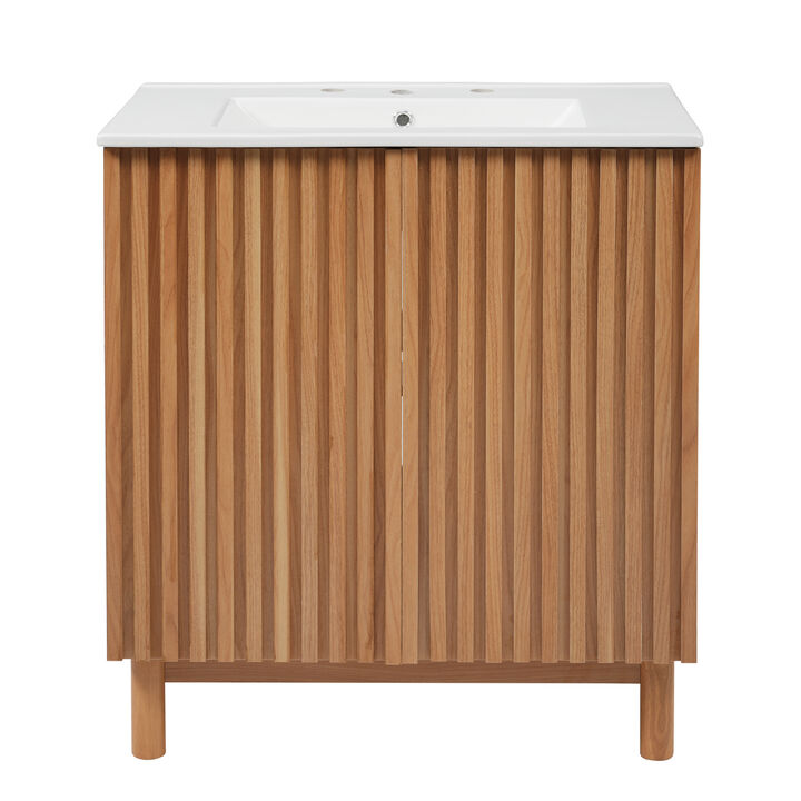 Whisen Traditional Bathroom Vanity with Ceramic Sink, Solid Wood Legs, MDF U-Shaped Adjustable Shelf, Soft-Close Doors, and Space-Saving Storage