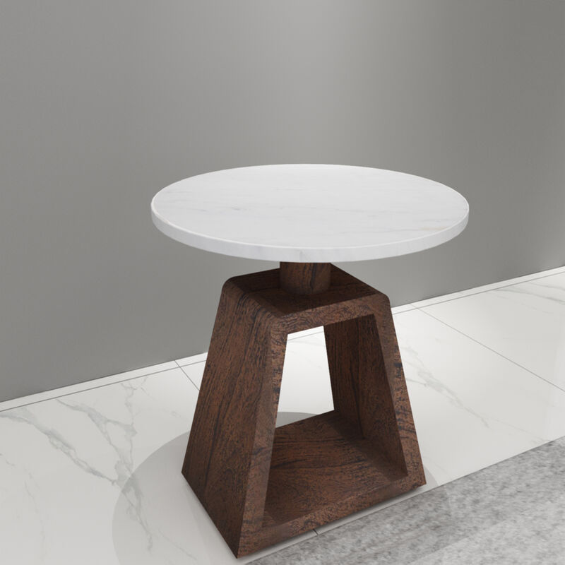 Port Blair Side End Table, Round White Genuine Marble Top with Handcrafted Mango Wood 16.5 Inch image number 2