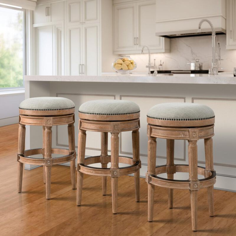 Hivvago 31 Inch Beige And Natural Solid Wood Swivel Backless Bar Height Bar Chair